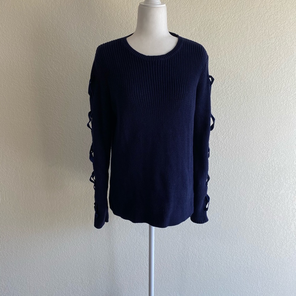 Lauren Navy Cotton sweater w/velvet lace sleeves
